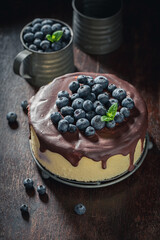 Sweet blueberry cheesecake made of fresh fruits and chocolate glaze