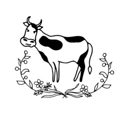 Cow, bull, calf with a flower. Vector illustration. 