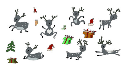 Deer in different poses. Gift boxes, mittens socks, hats. Vector illustration.
