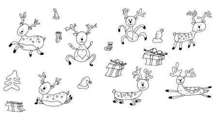 Deer in different poses. Gift boxes, mittens socks, hats. Linear drawing. Vector illustration.