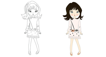 Fashionable girl in a stylish dress with a handbag. Vector illustration. Coloring page.