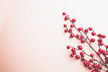Christmas holidays composition with christmas decorations, red berries branches on pink background with copy space, top view
