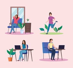 Women doing activities set design of telecommuting and activity theme Vector illustration