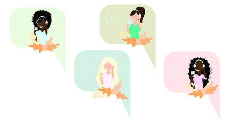 Girls in headphones with a microphone are talking on a smartphone. Vector illustration. Communication means.