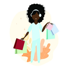 Afro American girl in headphones with shopping bags. Vector illustration.