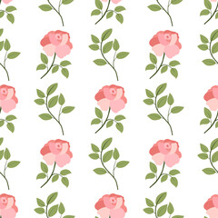 Floral seamless pattern with green leaves branch and rose peony flower. Textile, fabric ornament. Spring bloom flowers.