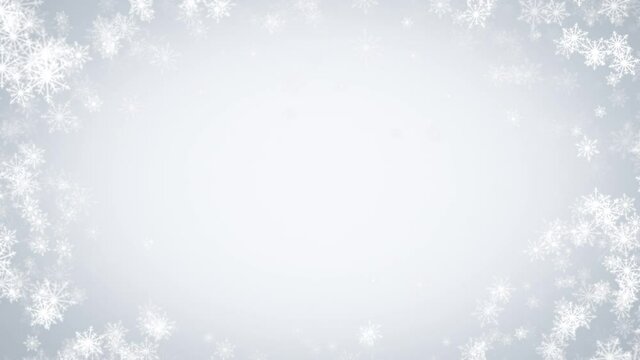 Ice snowflakes Christmas animated blue background. Background white glitter frame. Winter xmas theme. Seamless loop