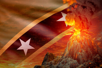 volcano eruption at night with explosion on Saint Kitts and Nevis flag background, problems of disaster and volcanic earthquake conceptual 3D illustration of nature
