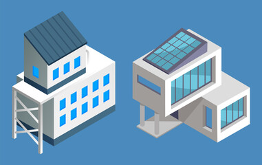 Isometric 3d set of two contemporary buildings isolated at blue. House with big panoramic windows and simple building with small windows. Two projects of new houses or buildings. Modern architecture