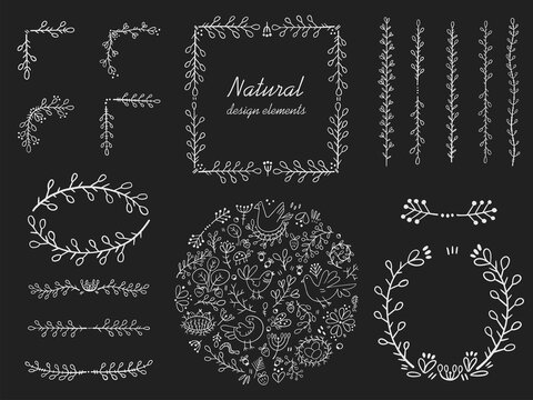 A set of corners and frames for page decoration. Design elements in doodle style. Natural style, branches, plants, flowers. White chalk outline on a black background.