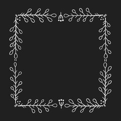 Square frame for text decoration in doodle style. Natural style, branches, plants, flowers. White chalk outline on a black background.