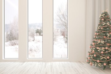 Empty christmas interior of living room. Scandinavian design. 3D illustration