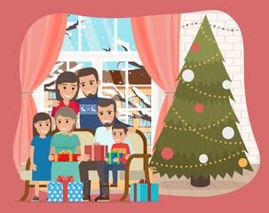Obraz na płótnie Canvas Big happy family with a Christmas tree and presents. Parents and kids celebrating new year holiday together. People sitting with grandparents in living room interior holding boxes with gifts