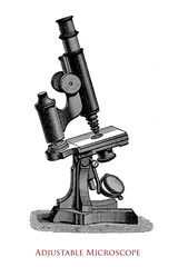 19th century compound microscope, adjustable by a screw needle attached to the specimen mount