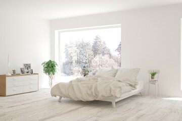 Stylish bedroom in white color with winter landscape in window. Scandinavian interior design. 3D illustration