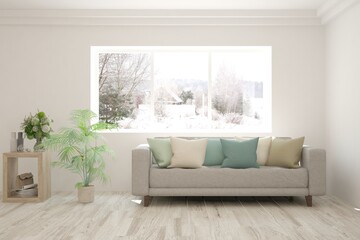 White living room with sofa and winter landscape in window. Scandinavian interior design. 3D illustration