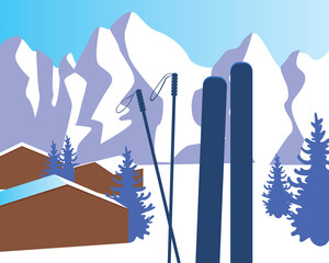 Skis, ski poles in winter resort, flat vector stock illustration with nobody as concept of ski resort, nature mountains
