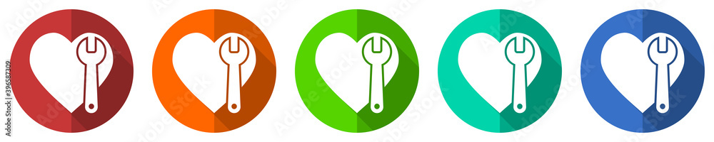 Poster wrench and heart vector icon set, red, blue, green and orange flat design web buttons isolated on wh