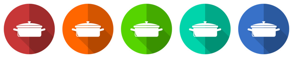 Kitchen pot, cooking concept vector icon set, red, blue, green and orange flat design web buttons isolated on white, vector illustration