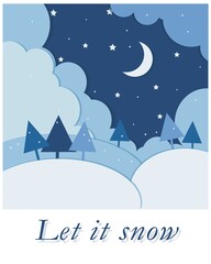 Christmas and New Year Vector greeting card. paper cut design. snow-covered hills with fir trees and a glowing moon. starry sky. fluffy clouds.