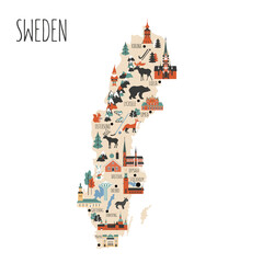 Sweden cartoon vector travel map, Swedish landmark flat building, City Hall of Stockholm, Synagogue of Malmoe, Water tower of Orebro, Church of Christina of Gotenborg, Uppsala Cathedral, Kalmar castle © m_e_l