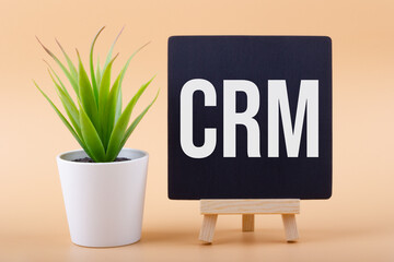 Text CRM (Customer Relationship Management) on a chalkboard near potted green plant. Business concept.