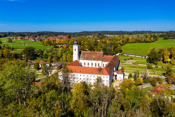 Aerial view of Dietramszell Monastery, Dietramszell, Tölzer Land, Upper Bavaria, Bavaria, Germany