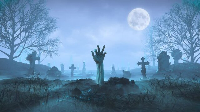 Zombie hand crawls out of the ground at night against the background of the moon in the cemetery