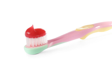Toothbrush for children with paste isolated on white, closeup. Dental care