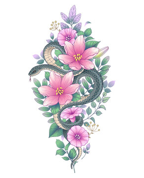Vector Twisted Snake and Wild Flowers