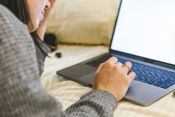 woman working on laptop close up