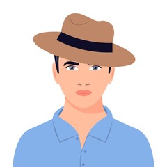 Portrait of a young man in a shirt and hat. Handsome young man with a serious expression. Dark-haired male character. Flat vector illustration isolated on white background.