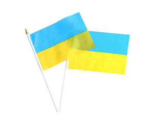 National flags of Ukraine isolated on white, top view