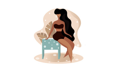 Woman with long black hair sitting on the table