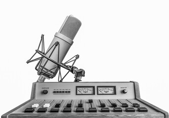 background with professional microphone and sound mixer