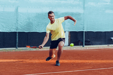 Obraz premium Young handsome man playing tennis on the tennis court