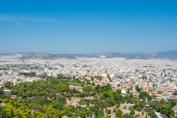 Fototapeta na wymiar Athens, Greece : Aerial view of City Center and buildings from Acropolis, High angle view of Town