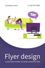 Man lying on sofa and watching TV. Channel, information, rest flat vector illustration. Leisure and entertainment concept for banner, website design or landing web page