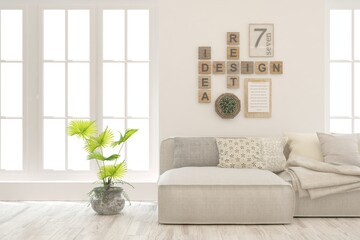 White living room with sofa. Scandinavian interior design. 3D illustration