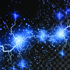 Realistic lightning bolts on a black transparent background. the charge of energy is powerful.Accumulation of electric orange and blue charges.A natural phenomenon. Magic effect. Lightning PNG.	