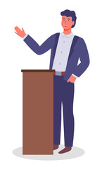Executive man waving hand, greeting, show presentation, talking from tribune, office worker in costume. Businessman at conference. Portrait of guy telling, gesture. Cartoon character in flat style