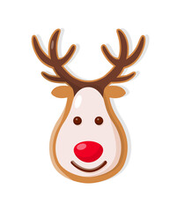 Holiday gingerbread of deer head, smiling animal with red nose and big horns. Single traditional decoration in realistic style isolated on white vector