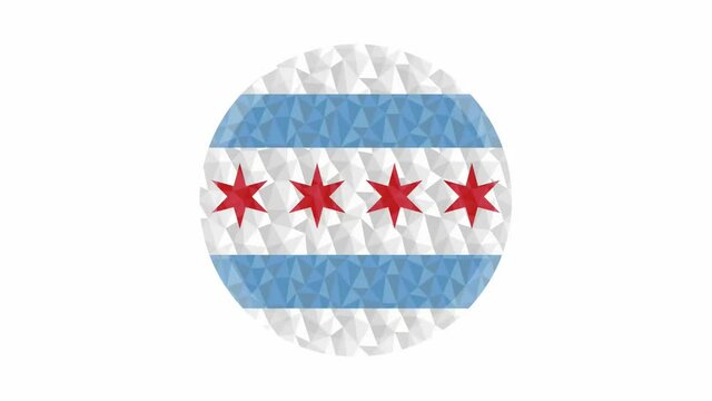 Round badge or button Chicago low poly flag with lightening on the edge animated video