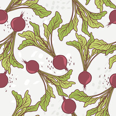Beets, hand drawn seamless pattern. Overlapping background, vegetables vector. Colorful illustration with food. Decorative wallpaper, good for printing. Design backdrop - 396593700