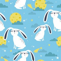 Bunnies, stars, moon and clouds hand drawn backdrop. Colorful seamless pattern with animals. Decorative cute wallpaper, good for printing. Overlapping background vector. Design illustration, rabbits - 396593734