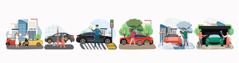 Road traffic accident set, flat vector illustration. Car crash, flat tire, car wash and repair service.