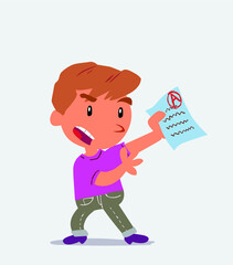 cartoon character of little boy on jeans arguing effusively with exam in hand