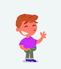 cartoon character of little boy on jeans waving informally while laughing