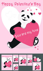 Valentines cards with panda and heart in different sizes for printing or publication (Valentines cards A4, A5, A6, Euro size, 160 x 160 mm, 100 x 120, mini 150 mm and original 32 x 40 inches)