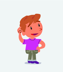 Thoughtful cartoon character of little boy on jeans scratching his head